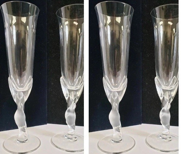 4 Igor Carl Faberge Frosted Kiss Snow Dove Bird Crystal Champagne Glasses