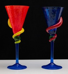 Pair of Tall Stem Mexican Fire-Blown Glasses Vibrant Colors Swirls 10.25in USED