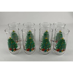 Vintage Christmas Tree Holiday Drinking Tumbler Glass 12 Oz Set Of 8