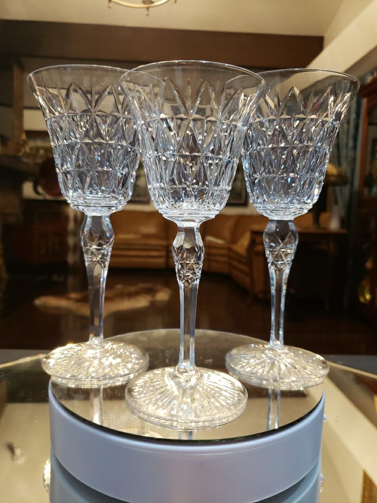 Water Goblets & Wine Glass , cut Crystal SIGNED Saint St Louis cross-cut diamond