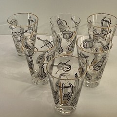 Six Libby glasses musical instruments black/white gold rim MCM retro Barware