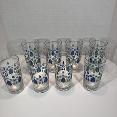 8 Marcrest Swiss Alpine Chalet 12 Oz Tumblers W/Brass MCM Rack Vtg Blue Green