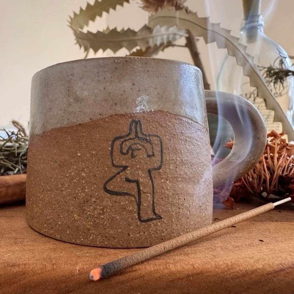 Handmade Ceramic Small Mug – Earthy Two-Tone Coffee Cup with Yoga Illustration