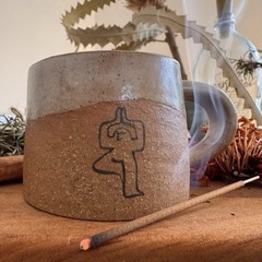 Handmade Ceramic Small Mug – Earthy Two-Tone Coffee Cup with Yoga Illustration