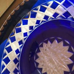 Edo Kiriko Cut Glass Serving Plate and Glass Set Cobalt Blue Japan