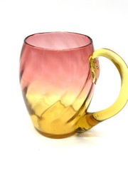 Blenko? Tangerine Amberina Art Glass Swirl Rib Optic Handle Cup 8oz Bar Ware