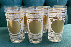 Set of 7 Vintage Gold Trim Tall Drinking 12 oz. Glasses, Aztec Calendar EUC