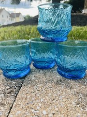 Anchor Hocking Laser Blue Rainflower 3 1/8″ Old Fashion Juice MCM – Set of 4