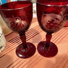 2 Old Bohemian 4 3/4in Wine Glasses Red Intaglio Cut to Frosted