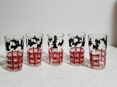5 Vintage Federal Scotty Dog Scottish Terrier Tumblers Bar Ware Black & Red