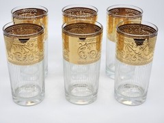 6 Vtg CULVER STARLYTE Highball Hollywood Glam Glasses w/Ornate 22K Gold Bands