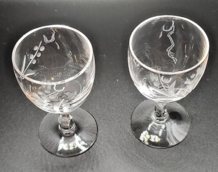 Fostoria Crystal Gray Cut Spring Pattern 3″ Cordial Glass – set of 2