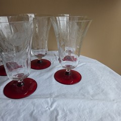 Vintage 5 Ruby Red Footed Etched Flower Rose Iced Tea Tumbler Weston Glass