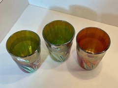 3 Vintage Fenton Carival Glass Hand Painted Enameled Iris Tumblers