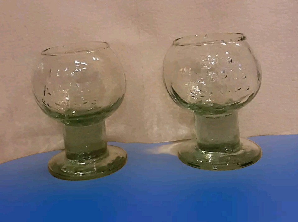 RARE BIG APPLE SCHNAPS Green Tint GLASS GOBLET Set of Two 4″ Tall, 6oz Capacity