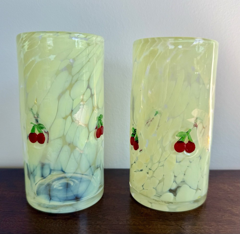 Set Of 2 Yellow Anthropologie Lacey Cherries Highball Glasses,New With Stickers.