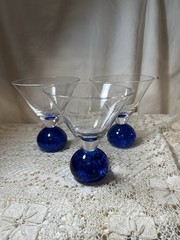Vintage Martini Glasses Cobalt Blue with Clear Glass Bowl and Ball Stem Set Of 3