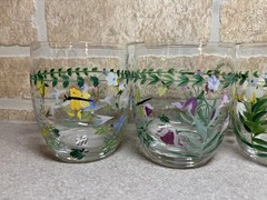 4 Vintage Godinger Hand Painted Stemless Wine Glasses Signed Florals Butterflies