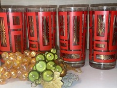 4 Jeannette Glass MCM Red Atomic Starburst Highball Flat Tumbler Vintage 1950’s