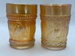 Carnival Glass Two Tumblers Dugan Stork and Rushes Marigold Diamond Lattice Bead