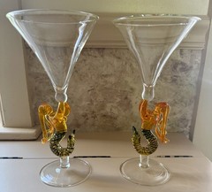 2 Milon Townsend Hand Blown Mermaid Swimming Martini Wine Goblets 8 3/4” Yellow