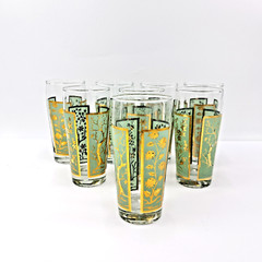 Libbey Glass 8pc Four Seasons Hostess Set Turquoise & Gold MCM Tumblers-USA Made