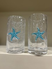 Set Of 4 HandBlown Bullicante Glass Highball Tumblers 6” Applied Starfish Disc