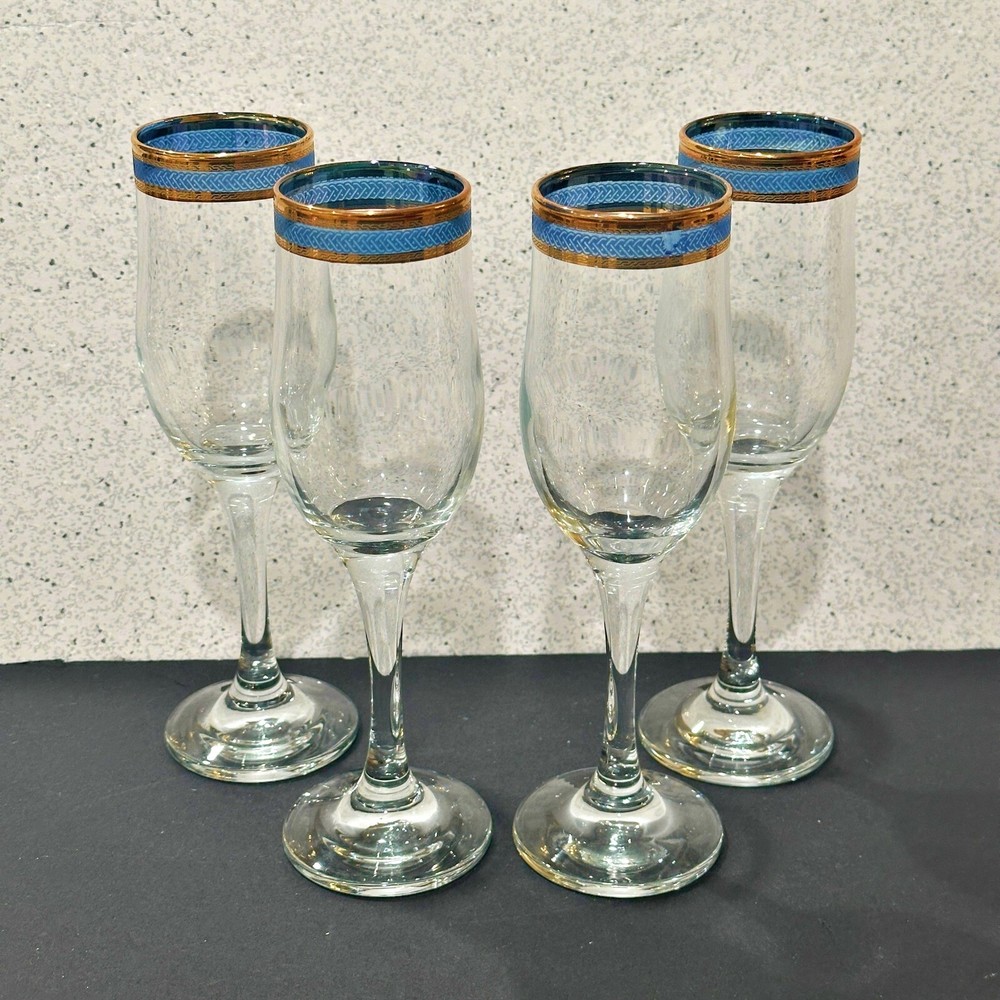 4 Champagne Flutes Blue Braided Band Clear Gold Rim MCM Barware *One Small Flaw
