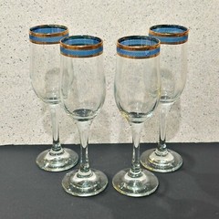 4 Champagne Flutes Blue Braided Band Clear Gold Rim MCM Barware *One Small Flaw