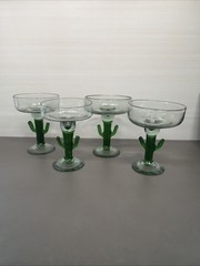 Vintage Saguaro Cactus Hand Blown Mexican Art Glass Margarita Glass Set of 4 Gf1