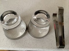 Silver Rimmed Glasses (2) with Ice Bucket and Stainless Steel Thongs Vintage