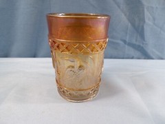 Diamond Dugan Stork & Rushes Lattice Band Marigold Carnival Glass Tumbler INV10