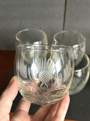 Set Of 6 Vintage Etched Roly Poly Lowball Rocks Cocktail Glasses Barware
