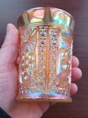 Electric Marigold Intaglio Cherry Terry Crider Art Glass Carnival Glass Tumbler