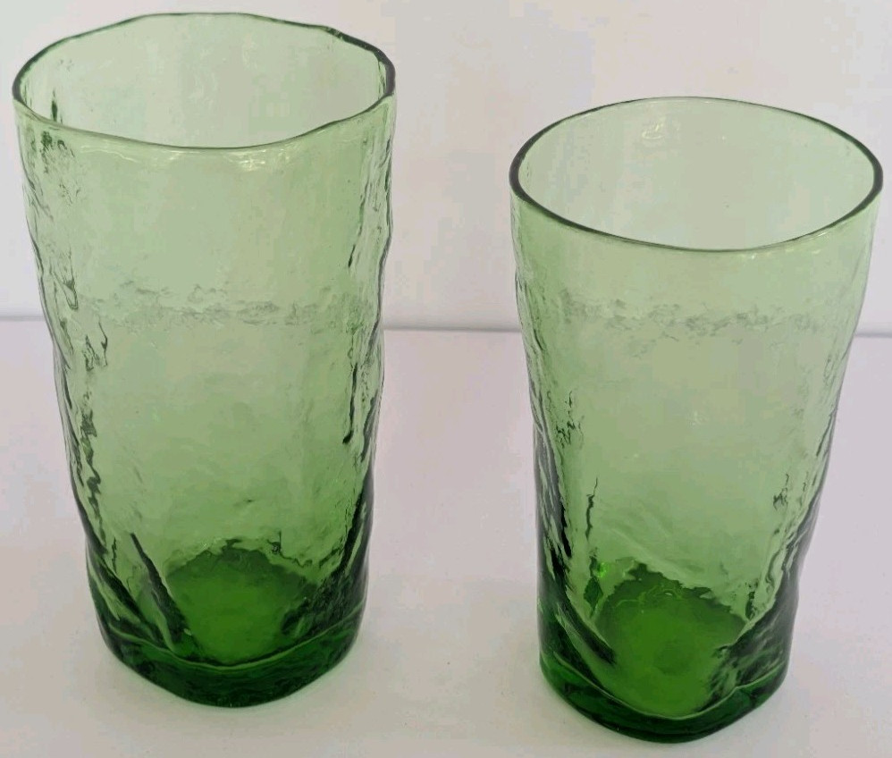 Vintage Green Textured Drinking Glasses Set of 2 Different Sizes