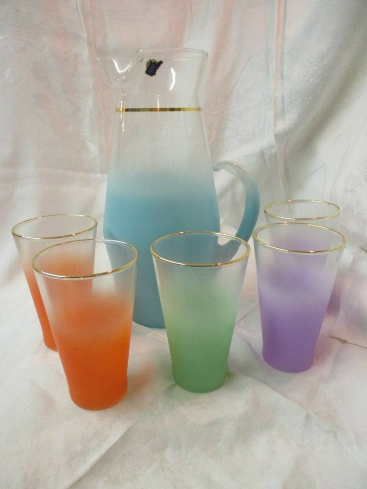 Vintage W.V. Blendo glass tall Pitcher & 6 Tumblers Aqua orange purple green