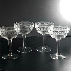 4 Imperial Glass Ohio Etched Champagne Coupe 5″ Art Deco vtg cocktail 5oz