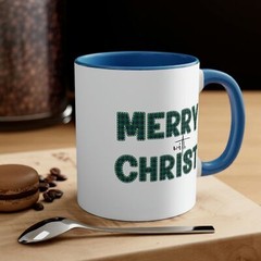Two-tone Accent Ceramic Mug 11oz – Merry with Christ – Green Plaid Christmas Hol