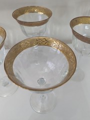 Vintage Gold Encrusted Wine Goblets Set of 6 Ornate Floral Rim Optic Glass 7″
