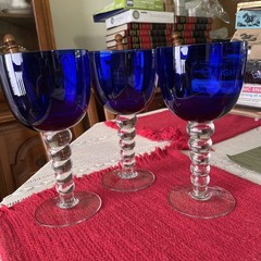 Goblets Wine Glasses Cobalt Blue & Clear Stem Barware – 7-1/2”- Set Of 3