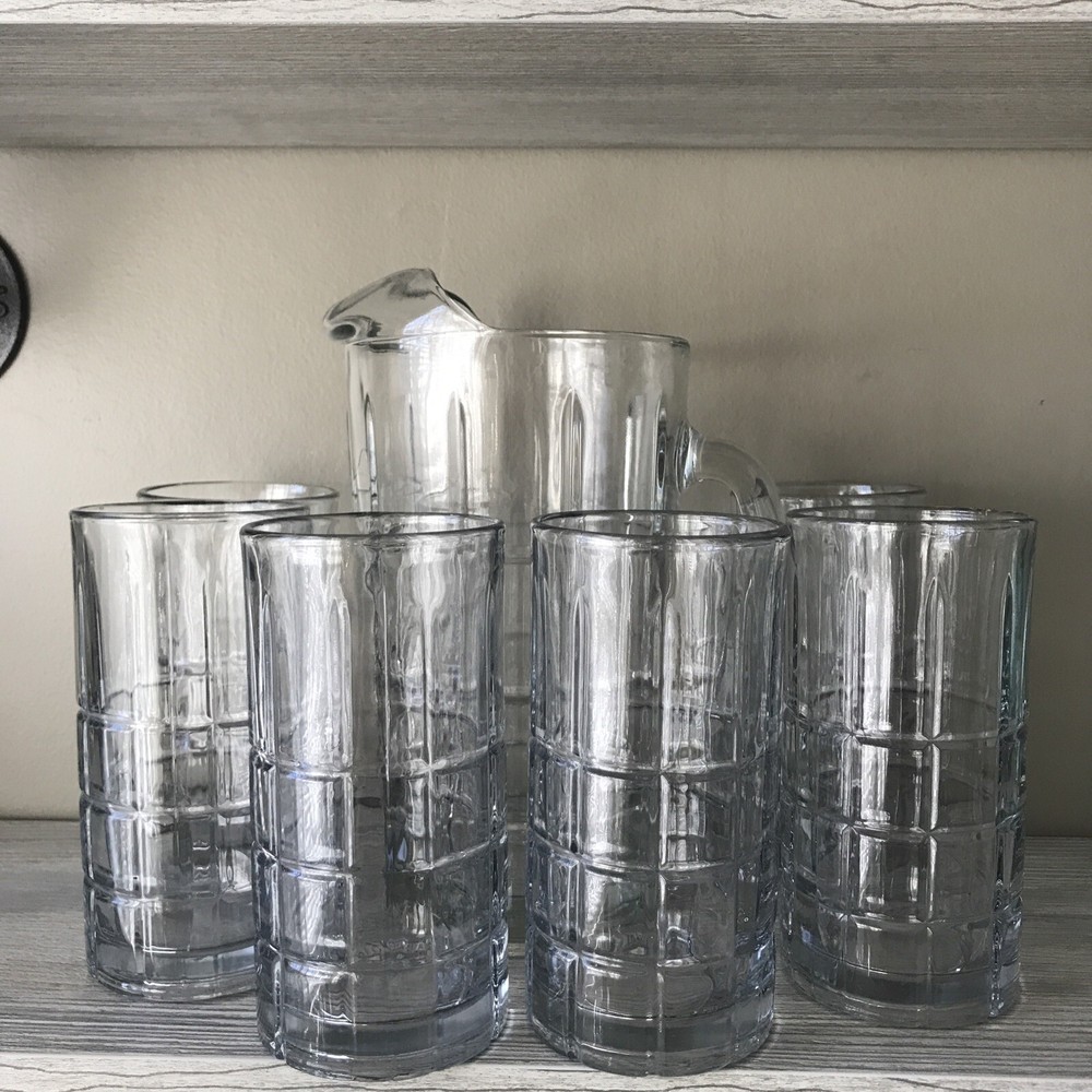 1 Pitcher And 6 Clear Anchor Hocking Tartan (MANCHESTER) 16 Oz Iced Tea Glasses