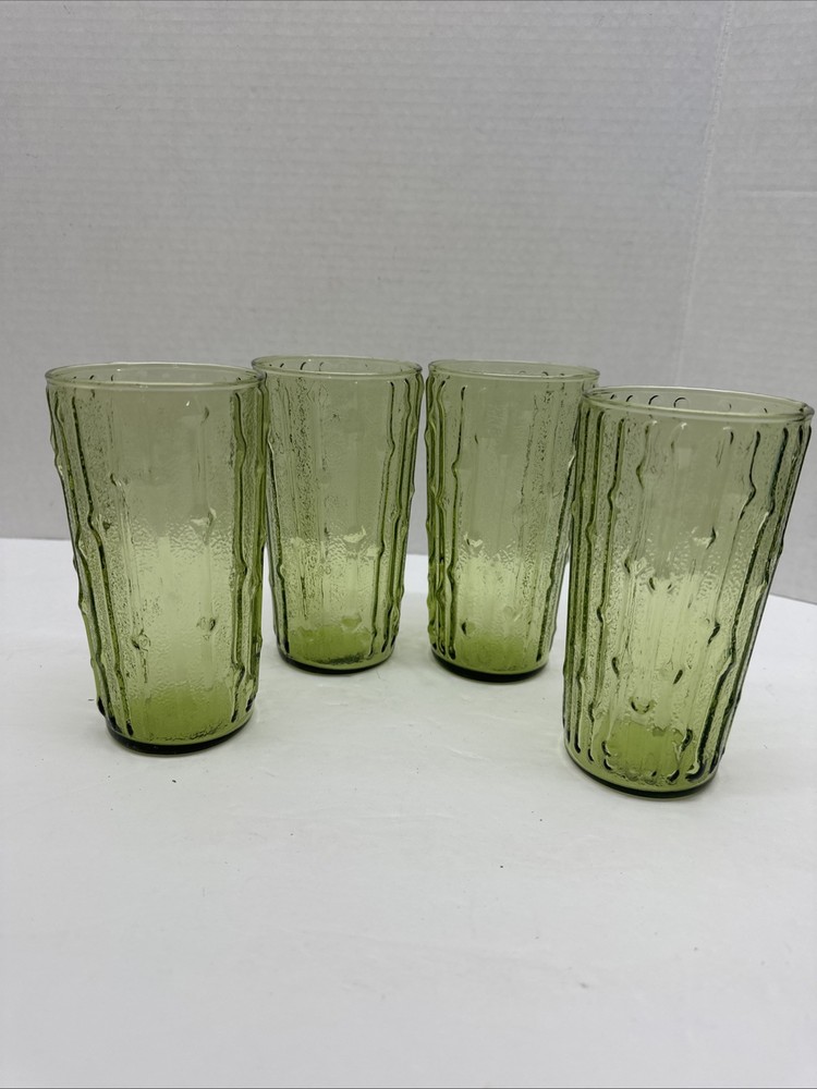 4 Vintage Anchor Hocking Tahiti Bamboo Avocado Green Drinking Glasses 6” Tall