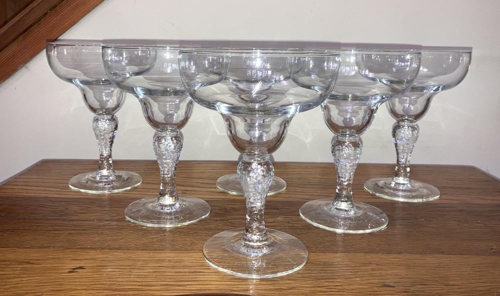 Set of 6 Libbey Martello Clear Curved Hammered Stem Margarita Glasses