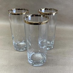 Lot 3 MCM Clear Gold Rim Anchor Hocking Barware Highball Glasses Vintage 6.25”