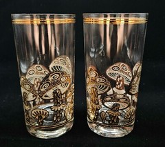 Culver 22K Gold Mushroom Set Of 2 Vtg Highball Drinking Glass 1 CHIP ON EACH RIM