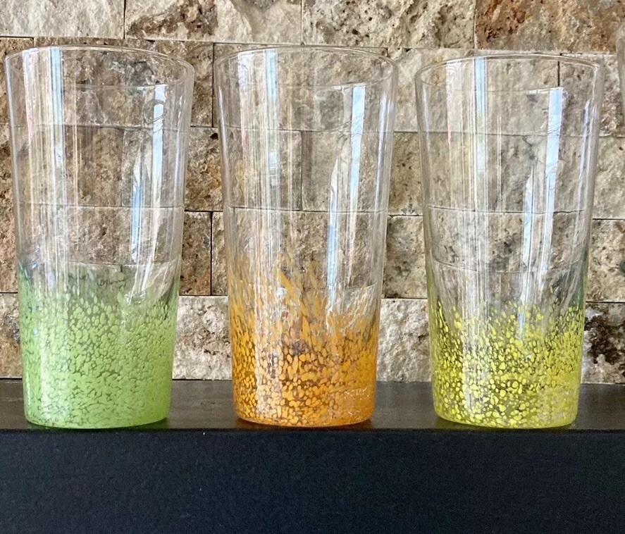 3 Studio Art Glass Cocktail Collins Tumblers 16 Oz Glasses Orange Yellow Green