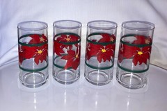 4 GIBSON Red Poinsettia Green Stripe Christmas Holiday Glass Tumblers NEW