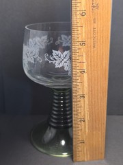 5 Vtg Luminarc French Roemer Wine Glasses, Etched Grapevine, Green Beehive Stem