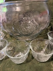 Vintage Clear Pressed Glass Round Punch Bowl Set with Cups and Ladle