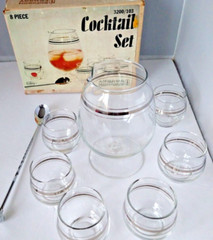 MCM Anchor Hocking Cocktail Set Silver Bands Original Box Silver Trim Lot of 8